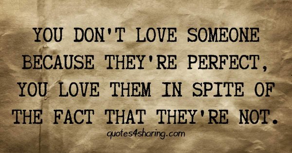 You don't love someone because they're perfect. You love them in spite of the fact that they're not
