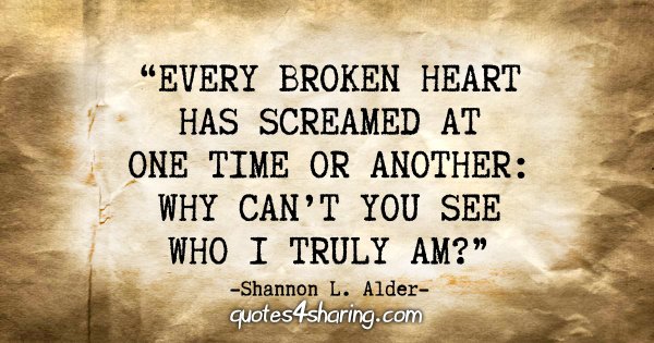 "Every broken heart has screamed at one time or another: Why can't you see who I truly am?" - Shannon L. Alder
