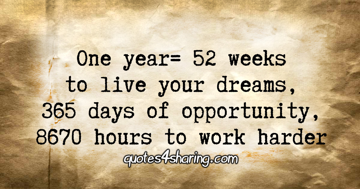 One year= 52 weeks to live your dreams, 365 days of opportunity, 8670 hours to work harder